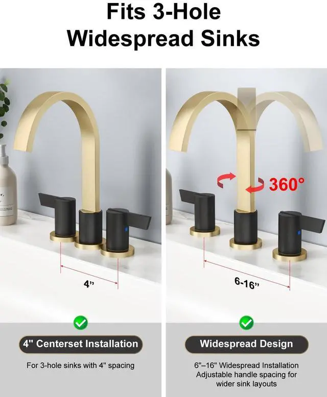 Alt view image 4 of 7 - Gold and Black 3 Hole Bathroom Faucet,8" Widespread Vanity Faucet 2 Handle Waterfall Bathroom Sink Faucet with Pop-Up Drain,Supply Lines,360° Swivel Spout,Lead-Free Stainless Steel,Deck Mount