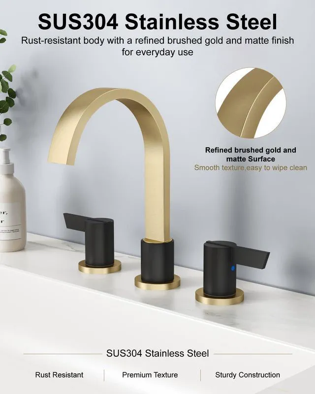 Alt view image 6 of 7 - Gold and Black 3 Hole Bathroom Faucet,8" Widespread Vanity Faucet 2 Handle Waterfall Bathroom Sink Faucet with Pop-Up Drain,Supply Lines,360° Swivel Spout,Lead-Free Stainless Steel,Deck Mount