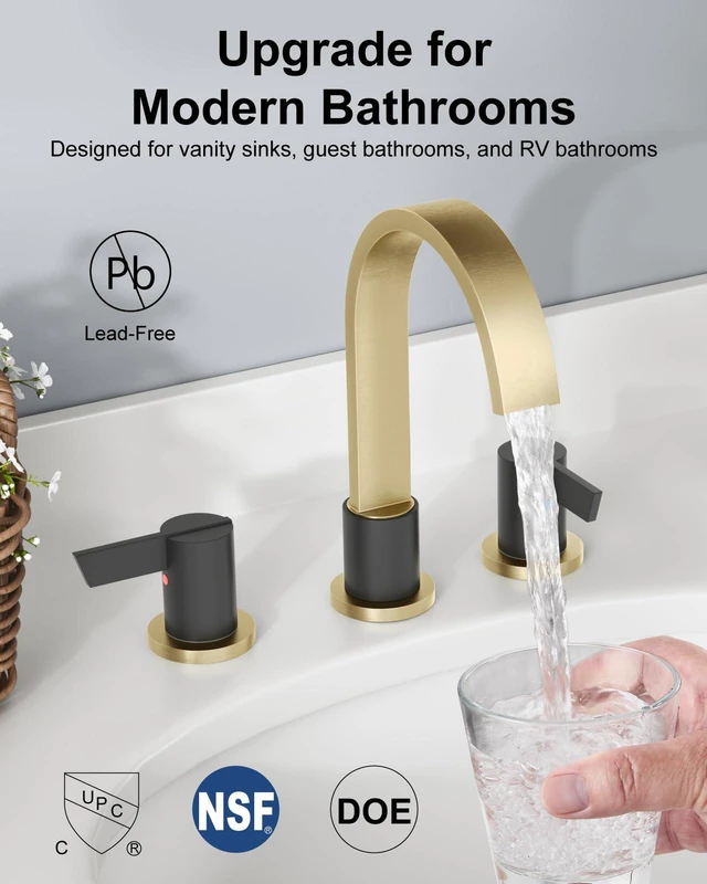 Alt view image 3 of 7 - Gold and Black 3 Hole Bathroom Faucet,8" Widespread Vanity Faucet 2 Handle Waterfall Bathroom Sink Faucet with Pop-Up Drain,Supply Lines,360° Swivel Spout,Lead-Free Stainless Steel,Deck Mount