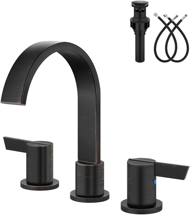 Main image of Bronze 3 Hole Bathroom Faucet,8" Widespread Vanity Faucet 2 Handle Waterfall Bathroom Sink Faucet with Pop-Up Drain,Supply Lines,360° Swivel Spout,Lead-Free Stainless Steel,Deck Mount