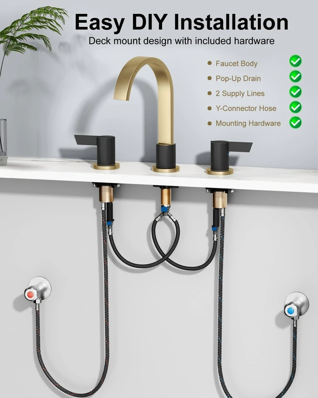 Alt view image 7 of 7 - Gold and Black 3 Hole Bathroom Faucet,8" Widespread Vanity Faucet 2 Handle Waterfall Bathroom Sink Faucet with Pop-Up Drain,Supply Lines,360° Swivel Spout,Lead-Free Stainless Steel,Deck Mount
