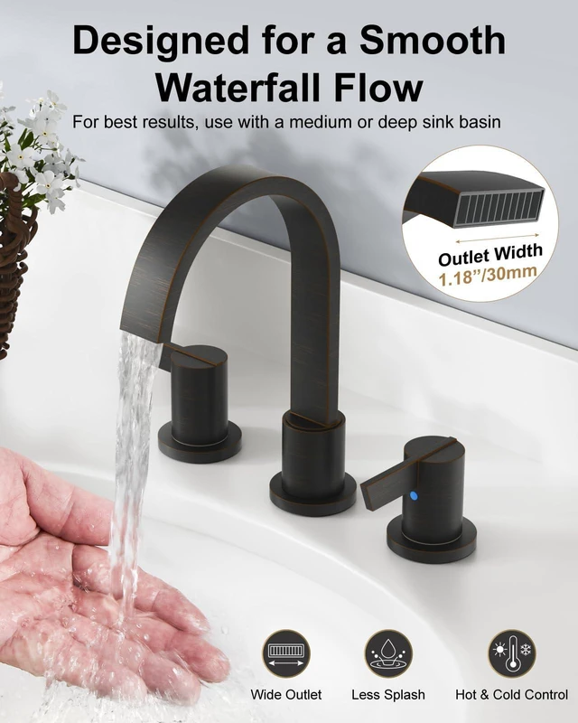 Alt view image 2 of 7 - Bronze 3 Hole Bathroom Faucet,8" Widespread Vanity Faucet 2 Handle Waterfall Bathroom Sink Faucet with Pop-Up Drain,Supply Lines,360° Swivel Spout,Lead-Free Stainless Steel,Deck Mount