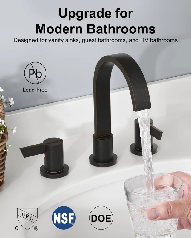 Alt view image 3 of 7 - Bronze 3 Hole Bathroom Faucet,8" Widespread Vanity Faucet 2 Handle Waterfall Bathroom Sink Faucet with Pop-Up Drain,Supply Lines,360° Swivel Spout,Lead-Free Stainless Steel,Deck Mount