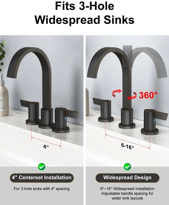 Alt view image 4 of 7 - Bronze 3 Hole Bathroom Faucet,8" Widespread Vanity Faucet 2 Handle Waterfall Bathroom Sink Faucet with Pop-Up Drain,Supply Lines,360° Swivel Spout,Lead-Free Stainless Steel,Deck Mount