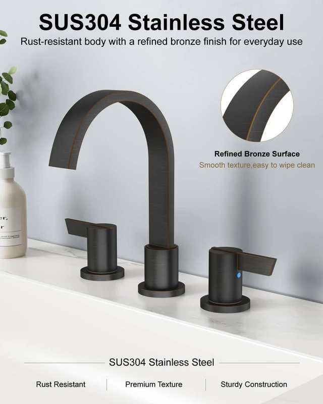 Alt view image 6 of 7 - Bronze 3 Hole Bathroom Faucet,8" Widespread Vanity Faucet 2 Handle Waterfall Bathroom Sink Faucet with Pop-Up Drain,Supply Lines,360° Swivel Spout,Lead-Free Stainless Steel,Deck Mount