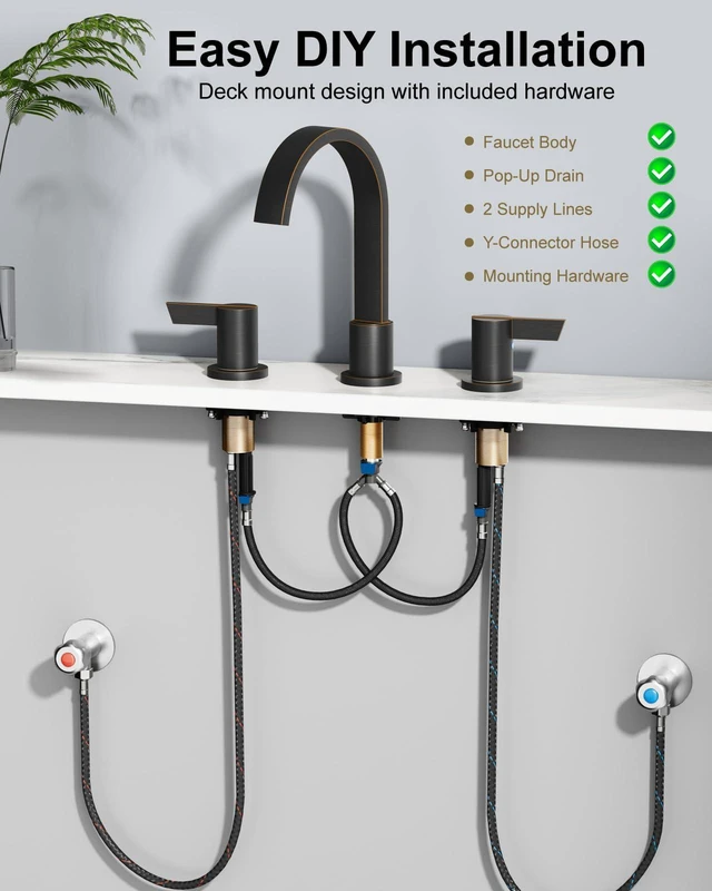 Alt view image 7 of 7 - Bronze 3 Hole Bathroom Faucet,8" Widespread Vanity Faucet 2 Handle Waterfall Bathroom Sink Faucet with Pop-Up Drain,Supply Lines,360° Swivel Spout,Lead-Free Stainless Steel,Deck Mount