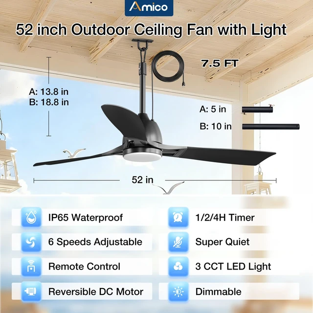 Alt view image 2 of 7 - 52" Outdoor Ceiling Fans with Lights, IP65 Waterproof Gazebo Fan Waterproof, Remote Control, 3000-6000K, 6 Speeds, Hook Hanging Plug in, for Patio Porch Pergola Garage Canopy