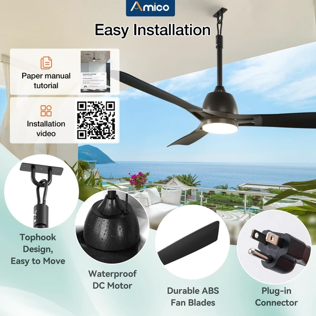 Alt view image 4 of 7 - 52" Outdoor Ceiling Fans with Lights, IP65 Waterproof Gazebo Fan Waterproof, Remote Control, 3000-6000K, 6 Speeds, Hook Hanging Plug in, for Patio Porch Pergola Garage Canopy