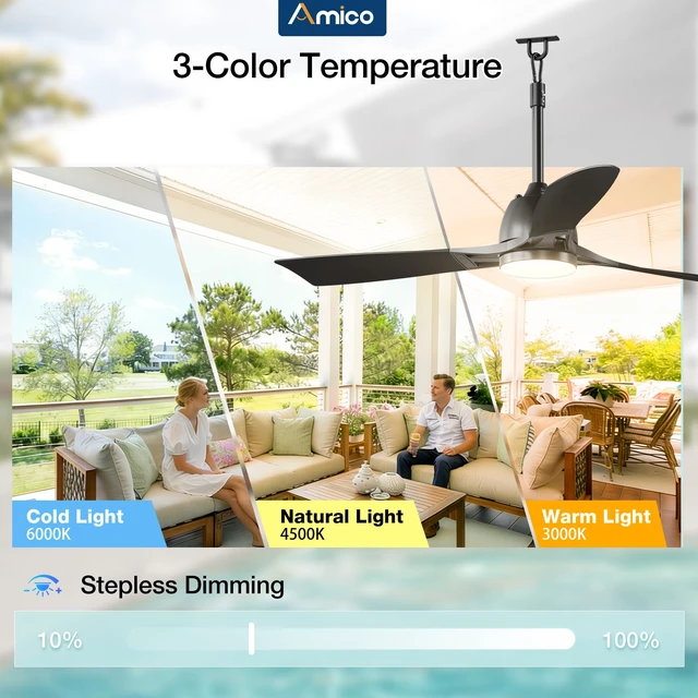 Alt view image 7 of 7 - 52" Outdoor Ceiling Fans with Lights, IP65 Waterproof Gazebo Fan Waterproof, Remote Control, 3000-6000K, 6 Speeds, Hook Hanging Plug in, for Patio Porch Pergola Garage Canopy