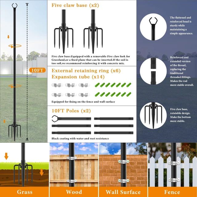 Alt view image 4 of 7 - 6 Pack String Light Poles,10 Ft Light Poles for Outside String Lights,Outdoor Lights Pole with Fork,Metal Poles Stand for Patio Deck Backyard