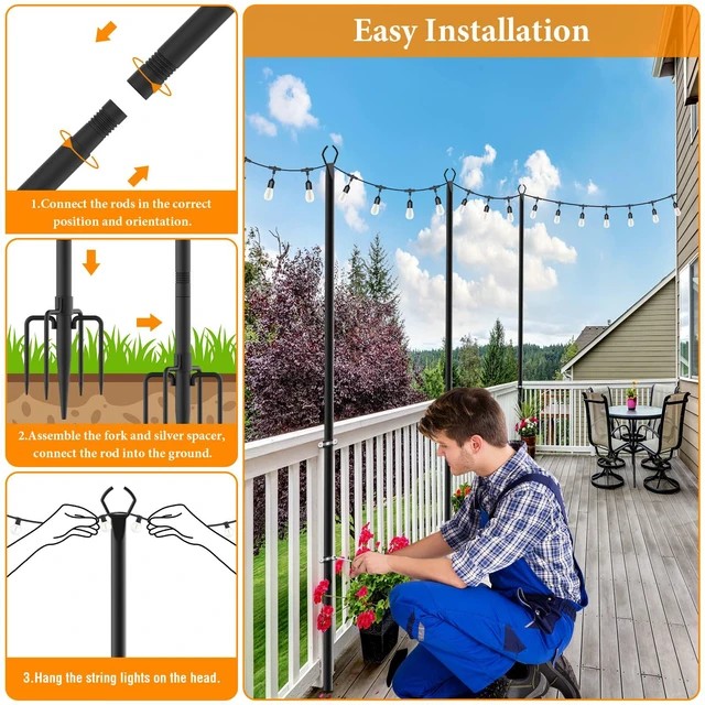 Alt view image 5 of 7 - 6 Pack String Light Poles,10 Ft Light Poles for Outside String Lights,Outdoor Lights Pole with Fork,Metal Poles Stand for Patio Deck Backyard