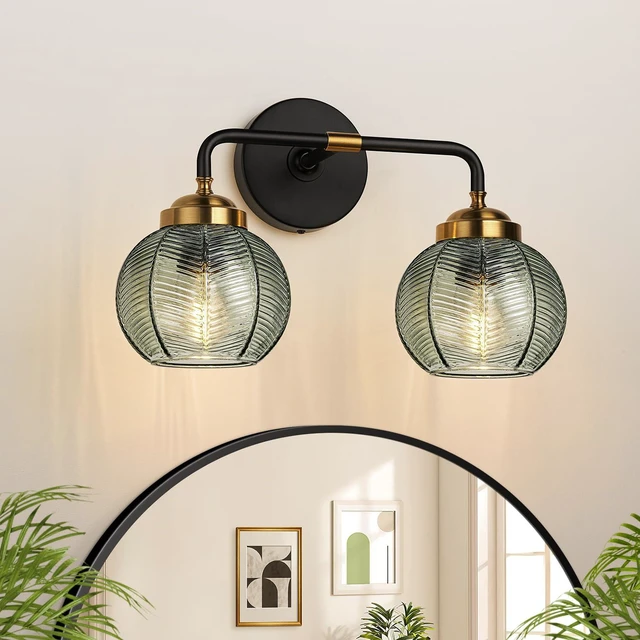 Main image of Bathroom Light Fixtures, 2-Light Green Vanity Lights with Unique Leaf Texture Glass Shade, Modern Matte Black and Gold Bathroom Wall Lamp for Mirror Hallway Cabinet Living Room