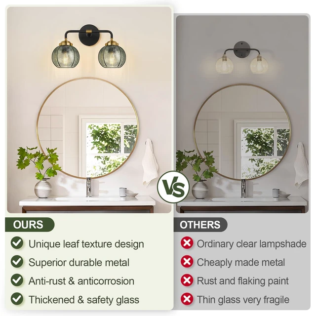 Alt view image 2 of 7 - Bathroom Light Fixtures, 2-Light Green Vanity Lights with Unique Leaf Texture Glass Shade, Modern Matte Black and Gold Bathroom Wall Lamp for Mirror Hallway Cabinet Living Room