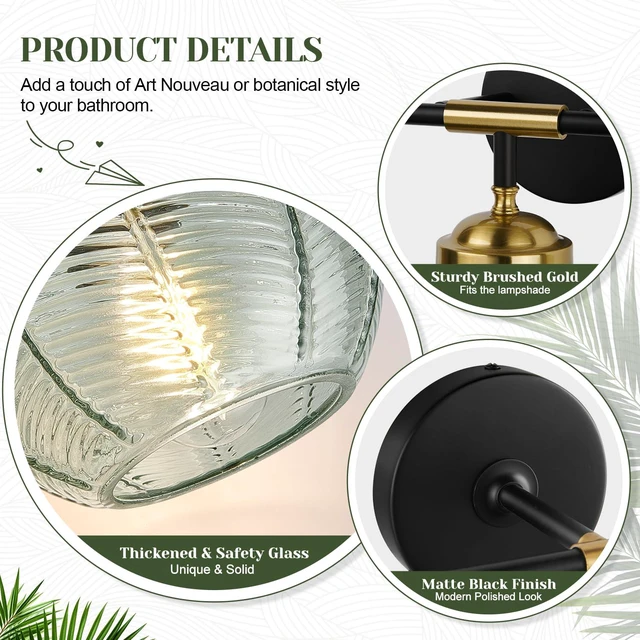 Alt view image 4 of 7 - Bathroom Light Fixtures, 2-Light Green Vanity Lights with Unique Leaf Texture Glass Shade, Modern Matte Black and Gold Bathroom Wall Lamp for Mirror Hallway Cabinet Living Room