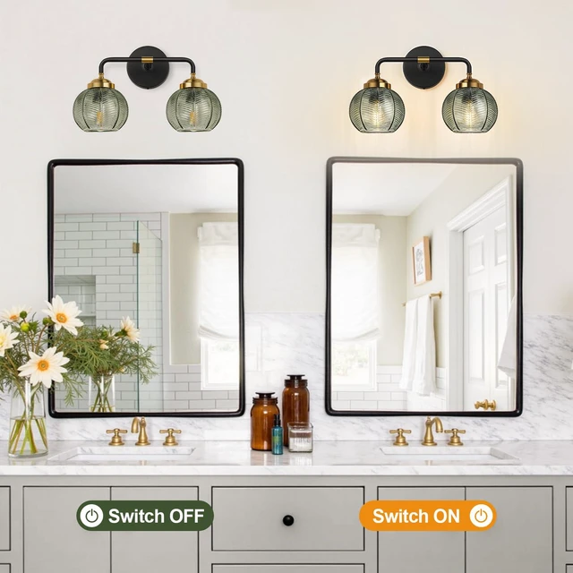 Alt view image 5 of 7 - Bathroom Light Fixtures, 2-Light Green Vanity Lights with Unique Leaf Texture Glass Shade, Modern Matte Black and Gold Bathroom Wall Lamp for Mirror Hallway Cabinet Living Room
