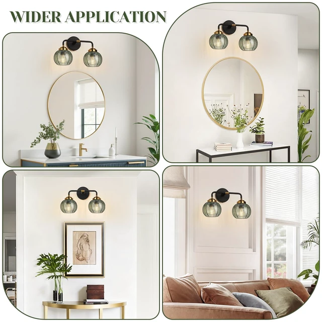 Alt view image 6 of 7 - Bathroom Light Fixtures, 2-Light Green Vanity Lights with Unique Leaf Texture Glass Shade, Modern Matte Black and Gold Bathroom Wall Lamp for Mirror Hallway Cabinet Living Room