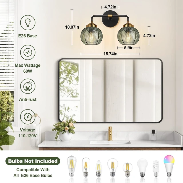 Alt view image 7 of 7 - Bathroom Light Fixtures, 2-Light Green Vanity Lights with Unique Leaf Texture Glass Shade, Modern Matte Black and Gold Bathroom Wall Lamp for Mirror Hallway Cabinet Living Room
