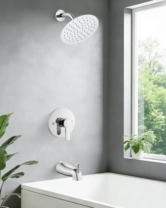 Alt view image 2 of 7 - Shower Faucet Set with Tub Spout,8" Bathtub Faucet-Chrome Polish Male Threads Rough-In Valve,Round Head Shower System,Tub and Shower Kit Set