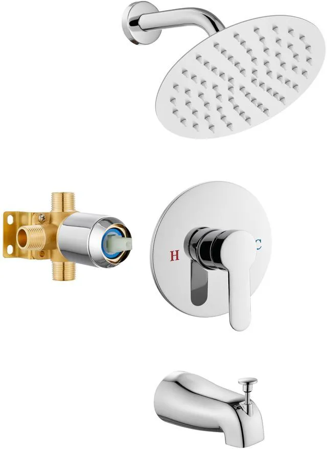 Main image of Shower Faucet Set with Tub Spout,8" Bathtub Faucet-Chrome Polish Male Threads Rough-In Valve,Round Head Shower System,Tub and Shower Kit Set