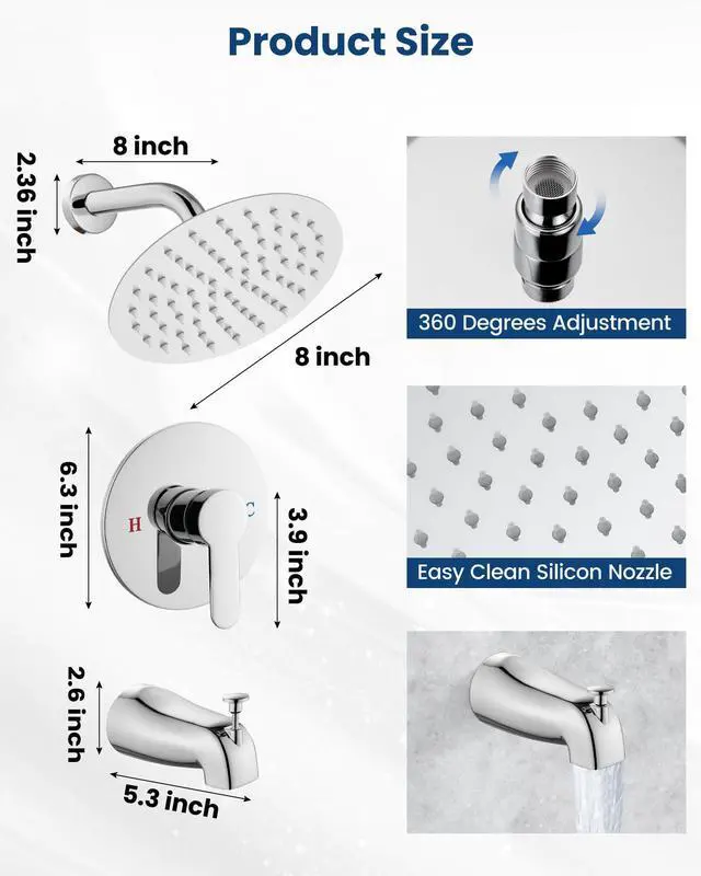 Alt view image 7 of 7 - Shower Faucet Set with Tub Spout,8" Bathtub Faucet-Chrome Polish Male Threads Rough-In Valve,Round Head Shower System,Tub and Shower Kit Set