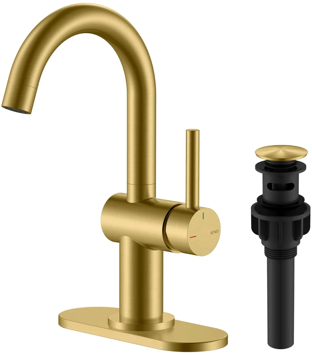Main image of Brushed Gold Single Handle Bathroom Faucet, Single Hole Vanity Faucet Bathroom Sink Faucet with Pop Up Drain & 6 Inch Deck Plate, Lead-Free cUPC & NSF Certified, 1 Handle Faucet for Vanity RV Bar