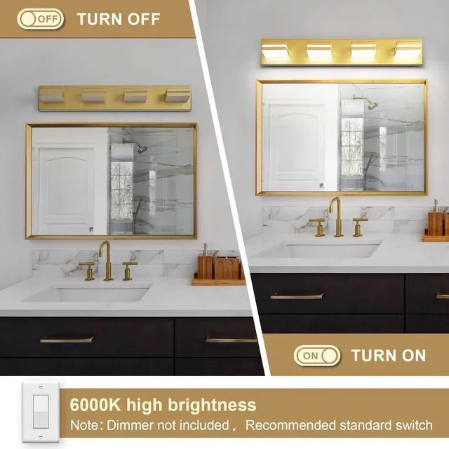 Alt view image 3 of 7 - Modern LED Gold Acrylic Bathroom Lights Fixtures 4-Light Wall Lighting,Vanity Lights for Bathroom Over Mirror 6000K 350°RotateNo Assembly Required