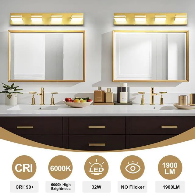 Alt view image 4 of 7 - Modern LED Gold Acrylic Bathroom Lights Fixtures 4-Light Wall Lighting,Vanity Lights for Bathroom Over Mirror 6000K 350°RotateNo Assembly Required