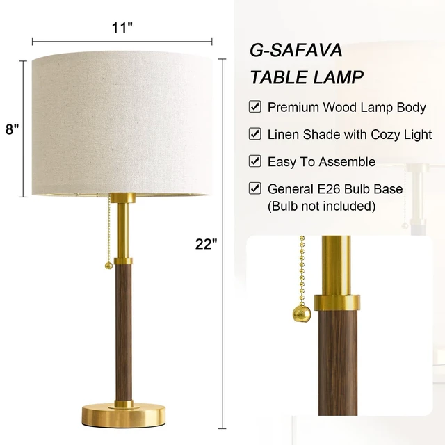 Alt view image 2 of 7 - Wood Table Lamps 22" Mid Century Modern Lamps for Bedroom Living Room Lamps Pull Chain Lamps Set of 2, Walnut Mcm Bedside Lamps for Night Stands, Vintage Small Side Table Lamps Buffet Nursery Decor