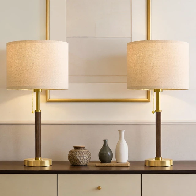 Alt view image 4 of 7 - Wood Table Lamps 22" Mid Century Modern Lamps for Bedroom Living Room Lamps Pull Chain Lamps Set of 2, Walnut Mcm Bedside Lamps for Night Stands, Vintage Small Side Table Lamps Buffet Nursery Decor