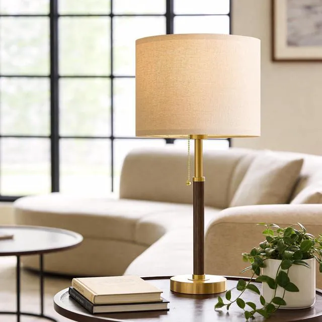 Alt view image 5 of 7 - Wood Table Lamps 22" Mid Century Modern Lamps for Bedroom Living Room Lamps Pull Chain Lamps Set of 2, Walnut Mcm Bedside Lamps for Night Stands, Vintage Small Side Table Lamps Buffet Nursery Decor