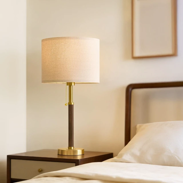 Alt view image 6 of 7 - Wood Table Lamps 22" Mid Century Modern Lamps for Bedroom Living Room Lamps Pull Chain Lamps Set of 2, Walnut Mcm Bedside Lamps for Night Stands, Vintage Small Side Table Lamps Buffet Nursery Decor