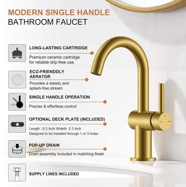 Alt view image 3 of 7 - Brushed Gold Single Handle Bathroom Faucet, Single Hole Vanity Faucet Bathroom Sink Faucet with Pop Up Drain & 6 Inch Deck Plate, Lead-Free cUPC & NSF Certified, 1 Handle Faucet for Vanity RV Bar