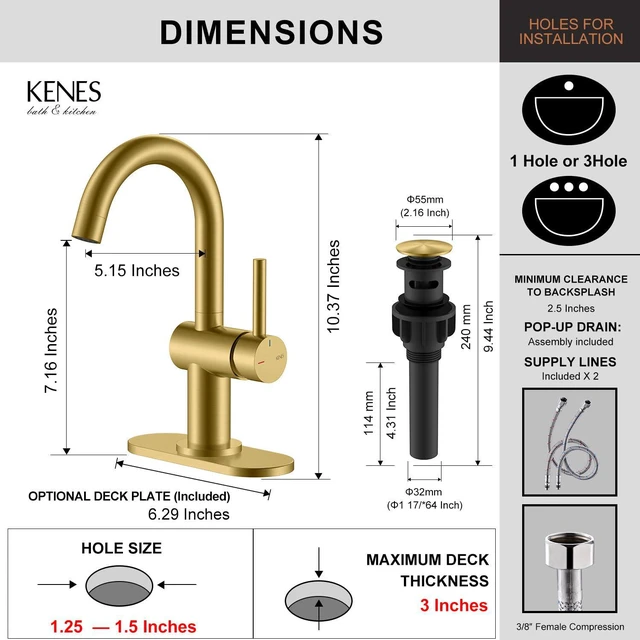 Alt view image 6 of 7 - Brushed Gold Single Handle Bathroom Faucet, Single Hole Vanity Faucet Bathroom Sink Faucet with Pop Up Drain & 6 Inch Deck Plate, Lead-Free cUPC & NSF Certified, 1 Handle Faucet for Vanity RV Bar