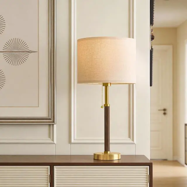 Alt view image 7 of 7 - Wood Table Lamps 22" Mid Century Modern Lamps for Bedroom Living Room Lamps Pull Chain Lamps Set of 2, Walnut Mcm Bedside Lamps for Night Stands, Vintage Small Side Table Lamps Buffet Nursery Decor