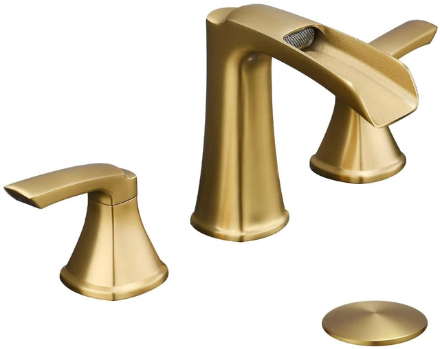 Main image of Brushed Gold Bathroom Faucet 3 Hole, Waterfall 8 Inch Widespread Bathroom Sink Faucet with Pop-up Drain, Two-Handle Faucet for Bathroom Sink