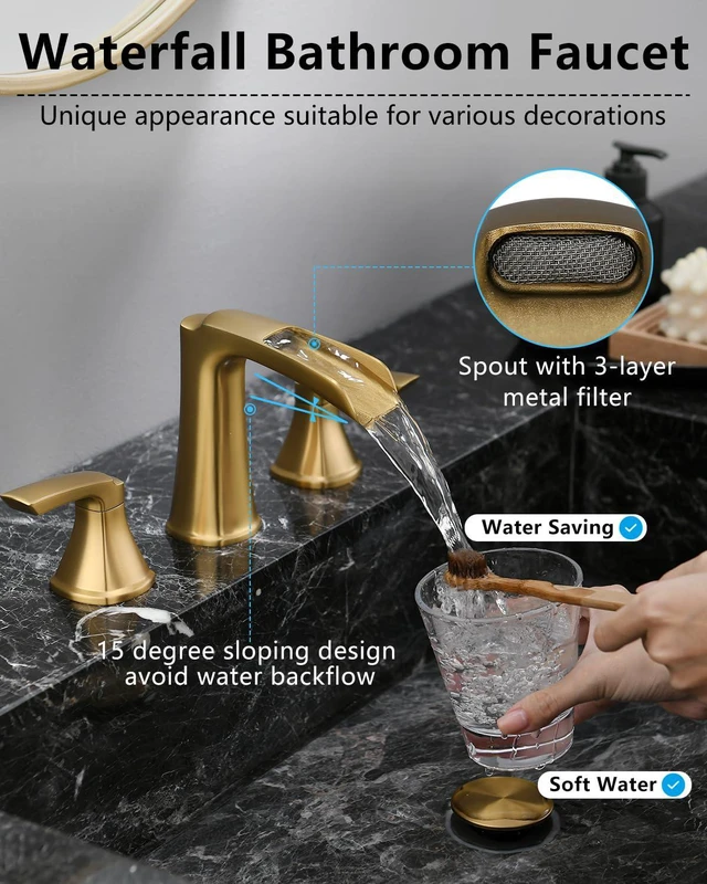 Alt view image 2 of 7 - Brushed Gold Bathroom Faucet 3 Hole, Waterfall 8 Inch Widespread Bathroom Sink Faucet with Pop-up Drain, Two-Handle Faucet for Bathroom Sink