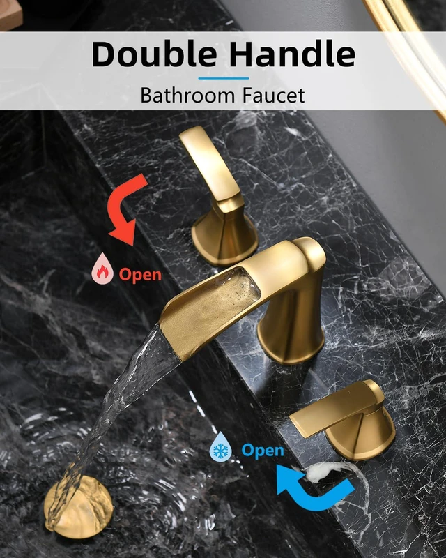Alt view image 3 of 7 - Brushed Gold Bathroom Faucet 3 Hole, Waterfall 8 Inch Widespread Bathroom Sink Faucet with Pop-up Drain, Two-Handle Faucet for Bathroom Sink