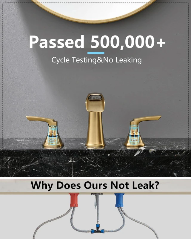 Alt view image 4 of 7 - Brushed Gold Bathroom Faucet 3 Hole, Waterfall 8 Inch Widespread Bathroom Sink Faucet with Pop-up Drain, Two-Handle Faucet for Bathroom Sink