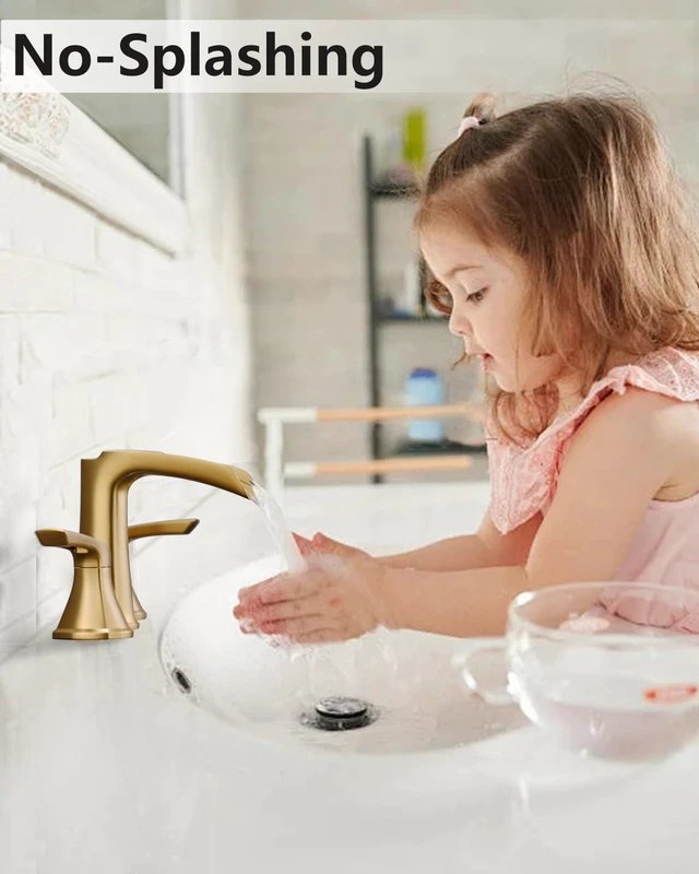 Alt view image 5 of 7 - Brushed Gold Bathroom Faucet 3 Hole, Waterfall 8 Inch Widespread Bathroom Sink Faucet with Pop-up Drain, Two-Handle Faucet for Bathroom Sink