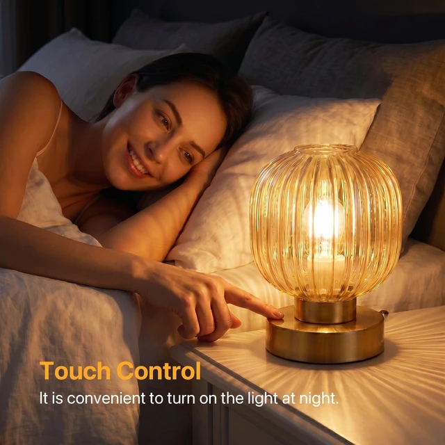 Alt view image 2 of 7 - Amber Touch Glass Table Lamp Set of 2, 3-Way Dimmable Bedside Lamps, Vintage Mid-Century Modern Nightstand Lamps for Bedroom and Living Room, Ambient Mood Lighting, LED Bulb Included