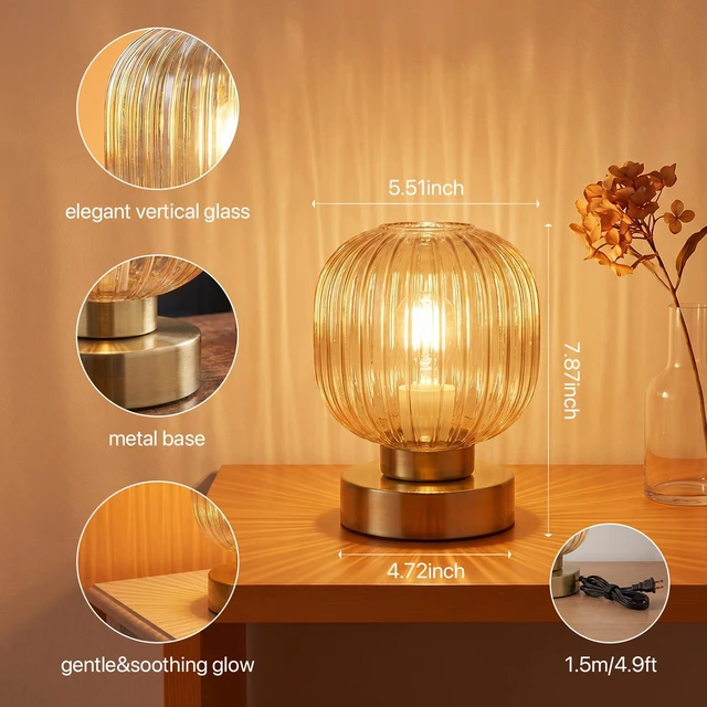 Alt view image 4 of 7 - Amber Touch Glass Table Lamp Set of 2, 3-Way Dimmable Bedside Lamps, Vintage Mid-Century Modern Nightstand Lamps for Bedroom and Living Room, Ambient Mood Lighting, LED Bulb Included