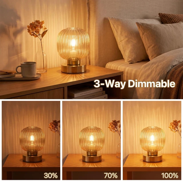 Alt view image 3 of 7 - Amber Touch Glass Table Lamp Set of 2, 3-Way Dimmable Bedside Lamps, Vintage Mid-Century Modern Nightstand Lamps for Bedroom and Living Room, Ambient Mood Lighting, LED Bulb Included