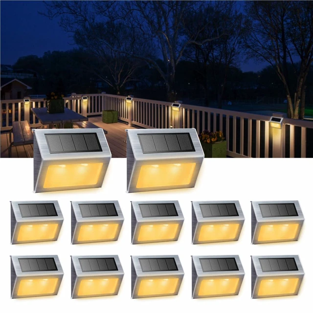 Main image of Warm White Solar Lights for Deck Step Fence Post, SST Housing, 12 Pack Soft warm non-glare LED, sturdy stainless steel casing, outdoor use, Rainproof, Automatic ON/OFF, not excessively bright
