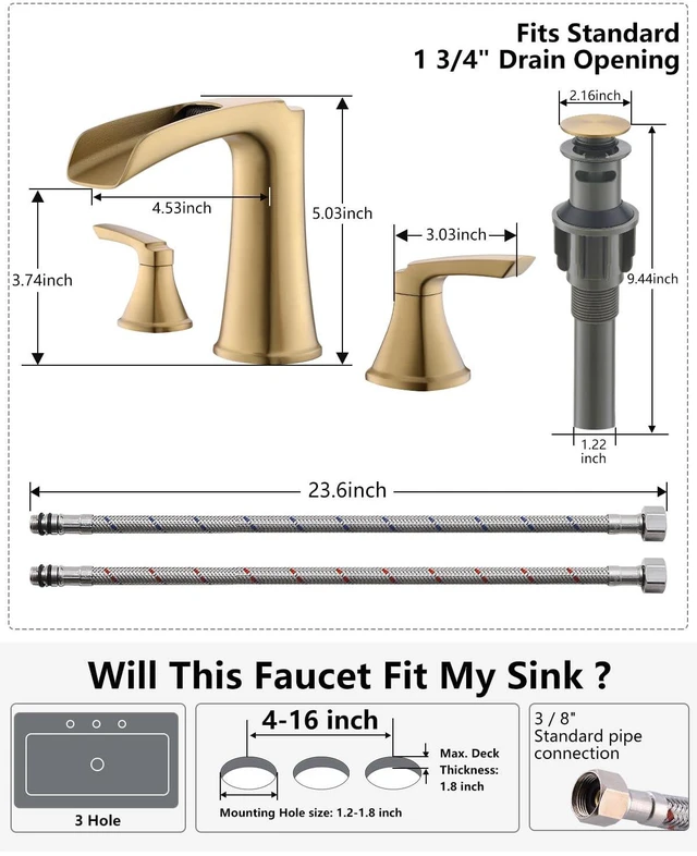 Alt view image 6 of 7 - Brushed Gold Bathroom Faucet 3 Hole, Waterfall 8 Inch Widespread Bathroom Sink Faucet with Pop-up Drain, Two-Handle Faucet for Bathroom Sink