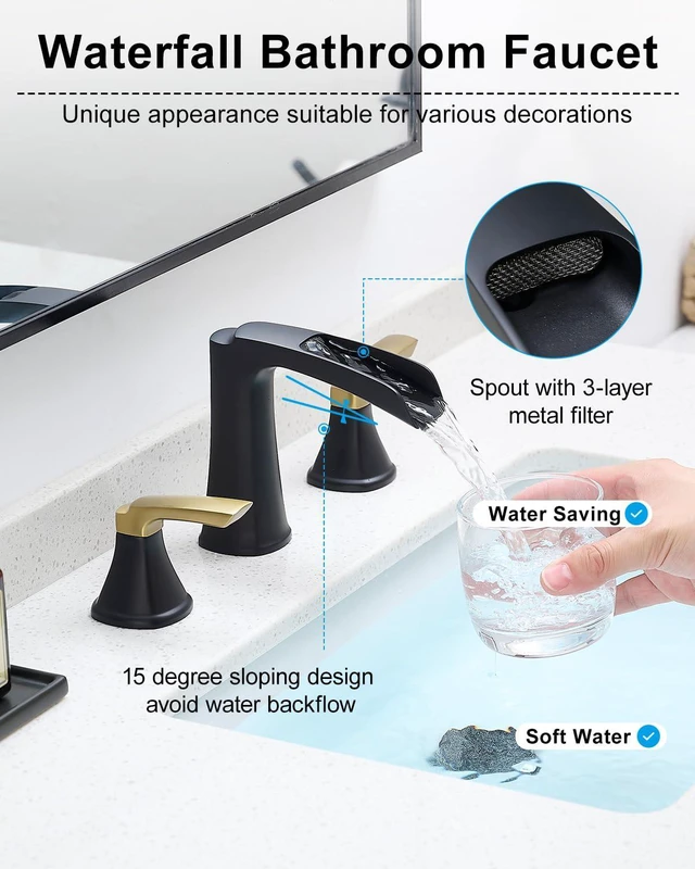 Alt view image 2 of 7 - Bathroom Faucet 3 Hole, Waterfall 8 Inch Bathroom Sink Faucet Matte Black&Gold, Lead-free Brass Two-handle Widespread Faucets for Bathroom Sink with Pop-up Drain