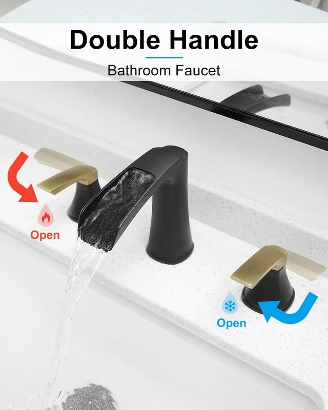Alt view image 3 of 7 - Bathroom Faucet 3 Hole, Waterfall 8 Inch Bathroom Sink Faucet Matte Black&Gold, Lead-free Brass Two-handle Widespread Faucets for Bathroom Sink with Pop-up Drain