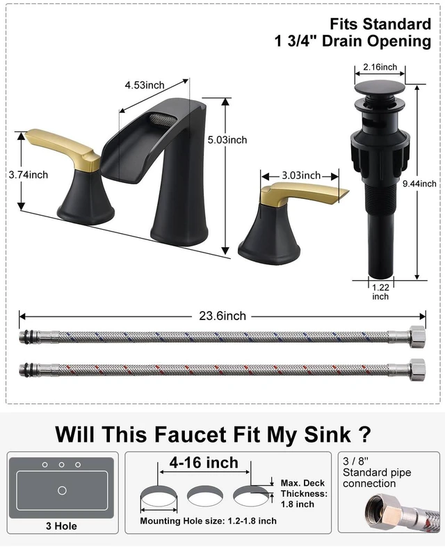 Alt view image 5 of 7 - Bathroom Faucet 3 Hole, Waterfall 8 Inch Bathroom Sink Faucet Matte Black&Gold, Lead-free Brass Two-handle Widespread Faucets for Bathroom Sink with Pop-up Drain