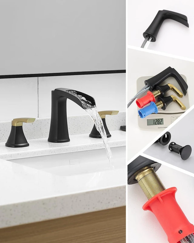 Alt view image 6 of 7 - Bathroom Faucet 3 Hole, Waterfall 8 Inch Bathroom Sink Faucet Matte Black&Gold, Lead-free Brass Two-handle Widespread Faucets for Bathroom Sink with Pop-up Drain
