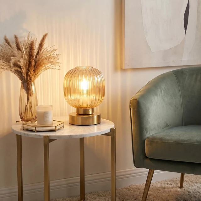 Alt view image 5 of 7 - Amber Touch Glass Table Lamp Set of 2, 3-Way Dimmable Bedside Lamps, Vintage Mid-Century Modern Nightstand Lamps for Bedroom and Living Room, Ambient Mood Lighting, LED Bulb Included