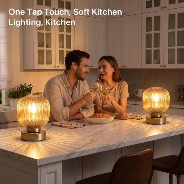 Alt view image 6 of 7 - Amber Touch Glass Table Lamp Set of 2, 3-Way Dimmable Bedside Lamps, Vintage Mid-Century Modern Nightstand Lamps for Bedroom and Living Room, Ambient Mood Lighting, LED Bulb Included